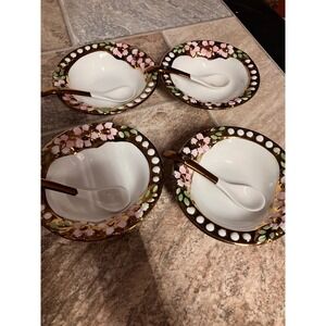 White Gold Ceramic Floral Dessert Bowl Spoon Set 4pc Gold Pink Cherry Blossom